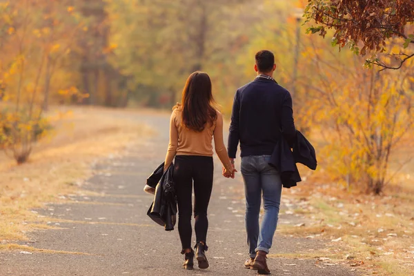 年轻夫妇走在充满秋叶的路上 — 图库照片