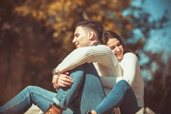 Cute Couple Enjoying Love Outdoors Sitting Grass Park Sunny Day — Stock Photo, Image