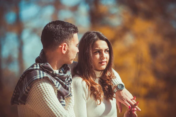 Young Couple Looking Happy Satisfied While Sitting Park Sunny Day — Stok fotoğraf