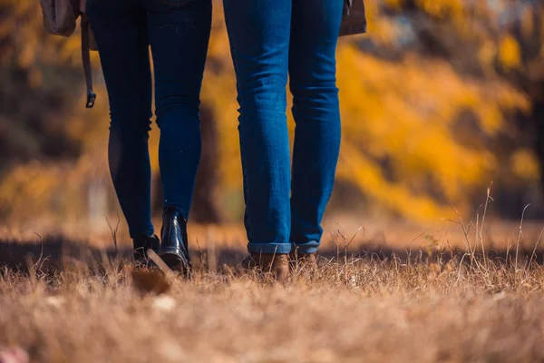 Vonzó Pár Kék Farmerban Akik Őszi Leveleken Sétálnak Erdőbe — Stock Fotó