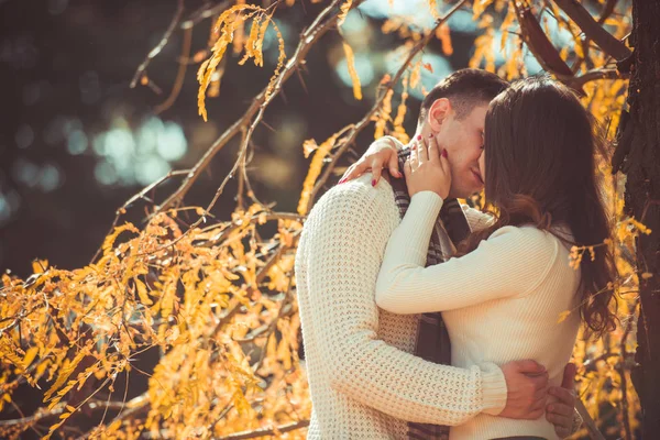 Attractive Couple Standing Park Enjoying Day While Kissing Next Beautiful — Stok fotoğraf