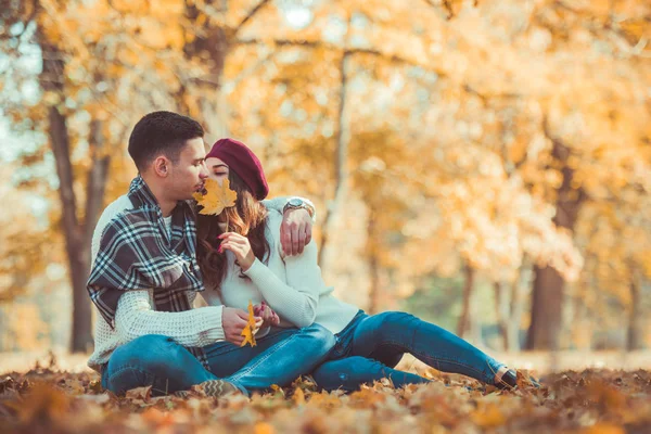 爱的夫妇在公园里度过秋日 坐在草地上享受大自然 — 图库照片