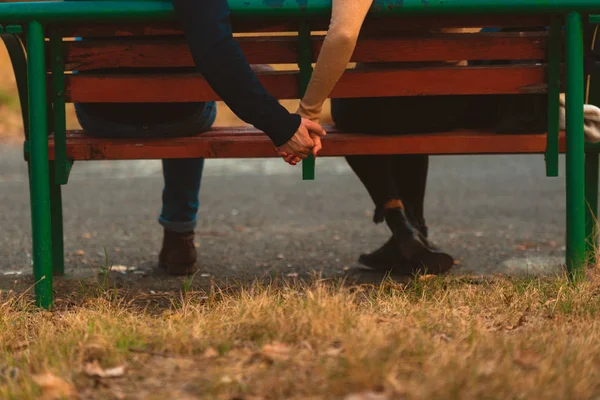 Casal Segurando Mão Sentado Banco Parque Outono — Fotografia de Stock