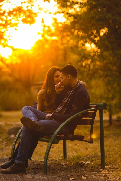 Novio Novia Sentados Banco Juntos Hablando Besándose —  Fotos de Stock