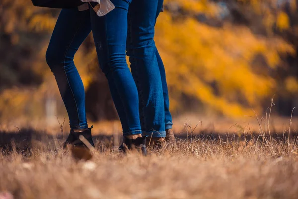 时尚的年轻夫妇穿着匹配的衣服走在公园里的秋叶上 — 图库照片