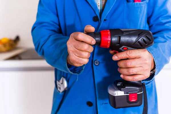 Senior Workman Holding Power Drill His Hands — Stock Photo, Image