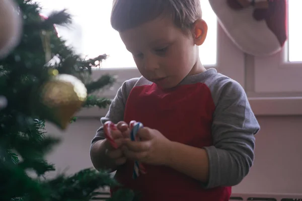 Miúdo Bonito Está Decorando Sua Árvore Natal Família Enquanto Espalha — Fotografia de Stock