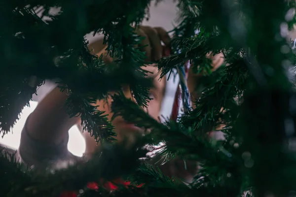 Glance Christmas Tree Young Boy His Favourite Candy — Stock Photo, Image