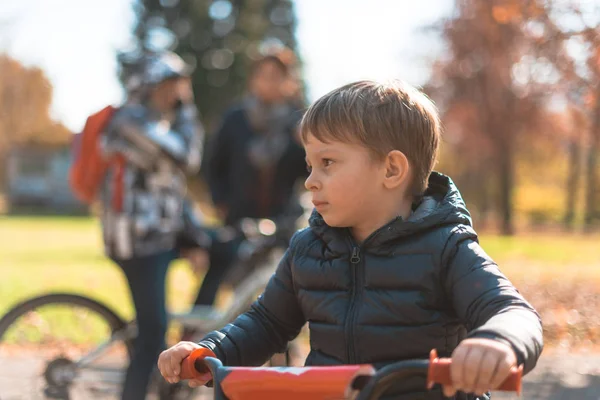 年轻快乐的男孩与他的自行车站在大自然中 享受着阳光灿烂的天气 — 图库照片