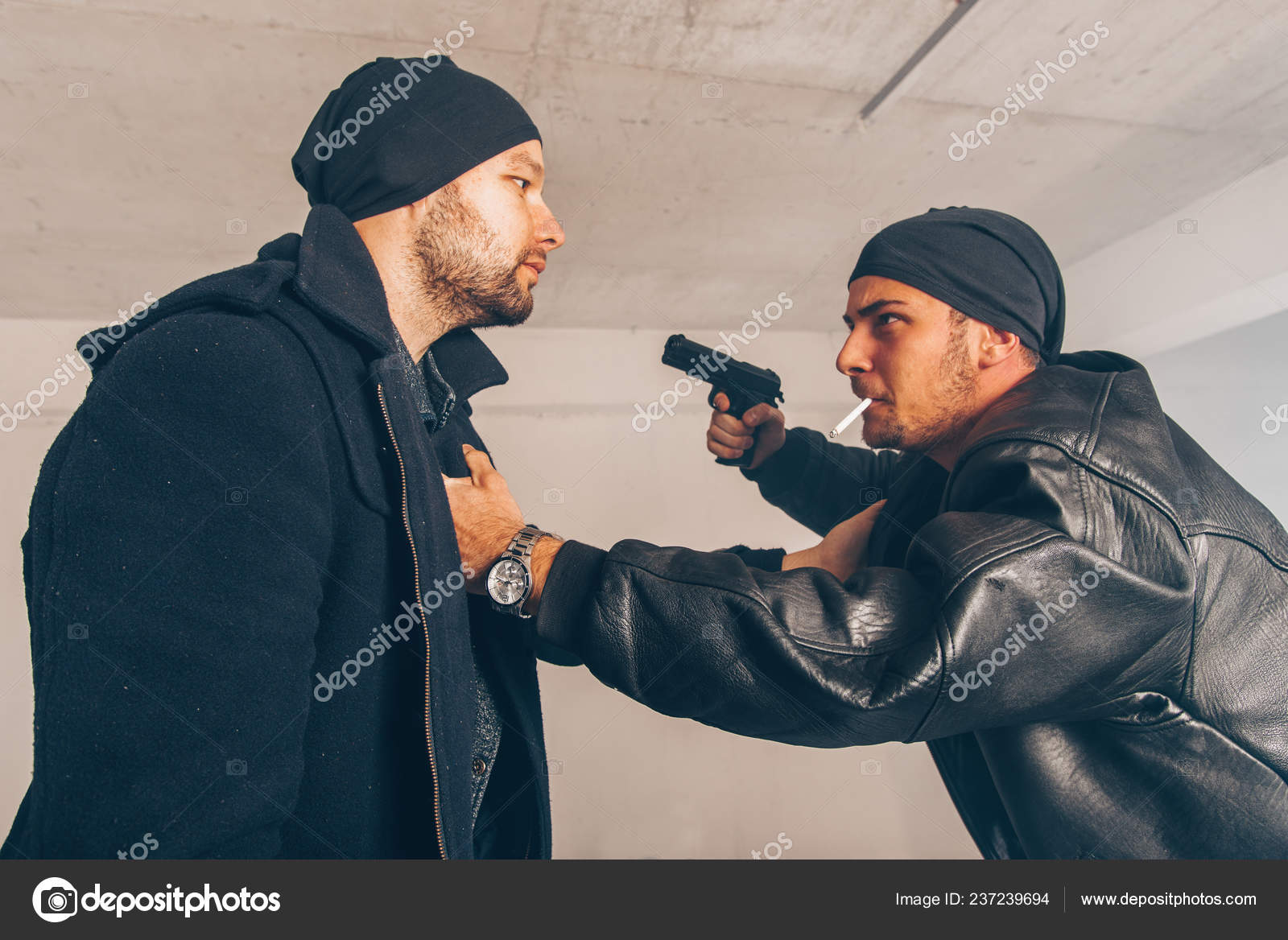 Two Criminals Sitting Room Full Money Arguing While Holding