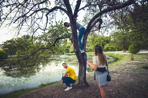 Amigos Estão Desfrutando Parque Natureza Seu Redor Tentando Escalar Uma — Fotografia de Stock