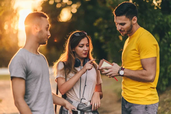 Des Adolescents Insouciants Discutent Dans Parc Beau Coucher Soleil — Photo