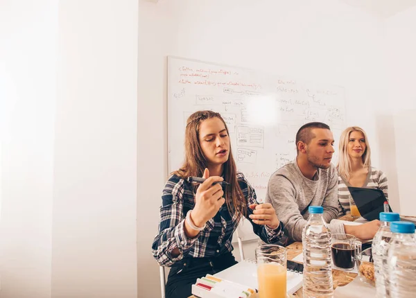 Jóvenes Gerentes Profesionales Están Sentados Mesa Oficina Haciendo Plan —  Fotos de Stock