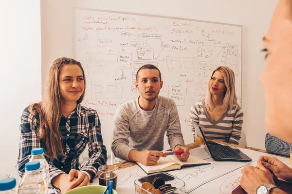 Unga Utbildade Människor Diskuterar Och Gör Upp Plan Kontoret — Stockfoto