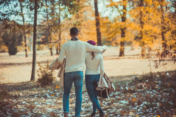 秋黄色葉の上を歩いて 自然を楽しみながら 男が公園で彼のガール フレンドを抱いています — ストック写真