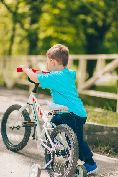 一个快乐的孩子在公园里 他站在自行车旁边 — 图库照片