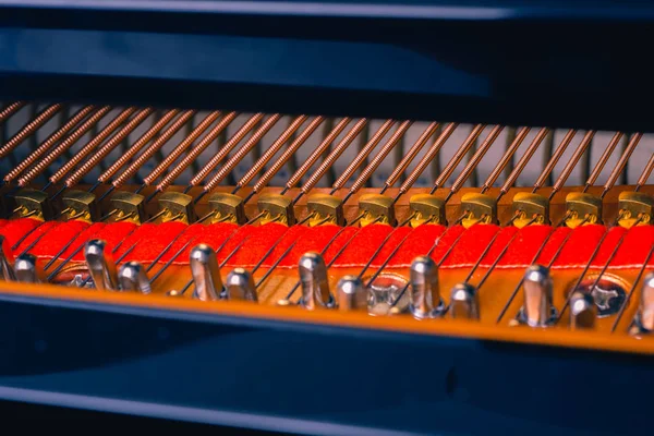 Tüm Detaylarıyla Siyah Bir Piyanonun Içi Çekiçler Teller Anahtarlarla Dolu — Stok fotoğraf