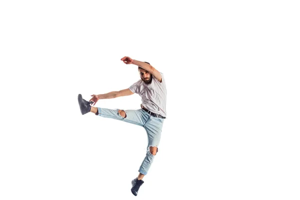 Καταπληκτικό Χορευτής Κάνει Breakdance Λευκό Φόντο — Φωτογραφία Αρχείου