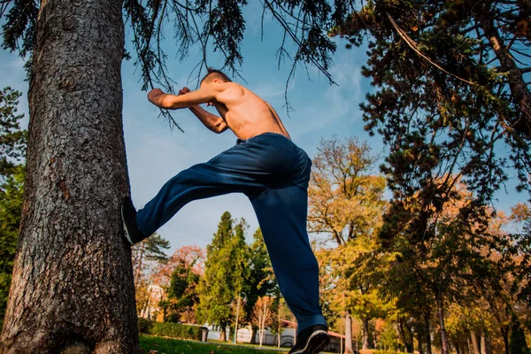 Homem de parkour escalando na árvore enquanto execising parkour — Fotografia de Stock