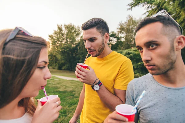 Tres amigos sosteniendo tazas de café en sus manos en el parque — Foto de Stock