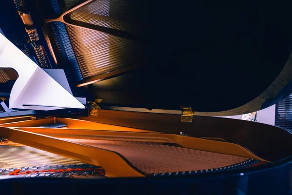 O interior de um piano preto com todos os seus detalhes martelos, stri — Fotografia de Stock