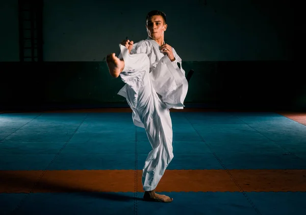 Male karate fighter in white kimono training