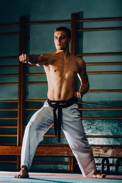 Male karate fighter in white kimono training — Stock Photo, Image
