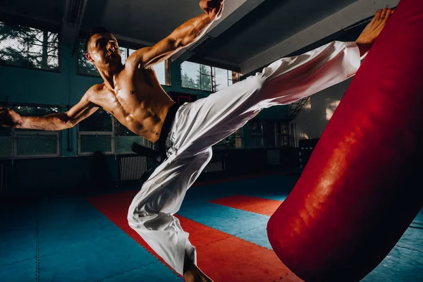 Joven hombre fuerte pateando saco de boxeo durante su entrenamiento — Foto de Stock