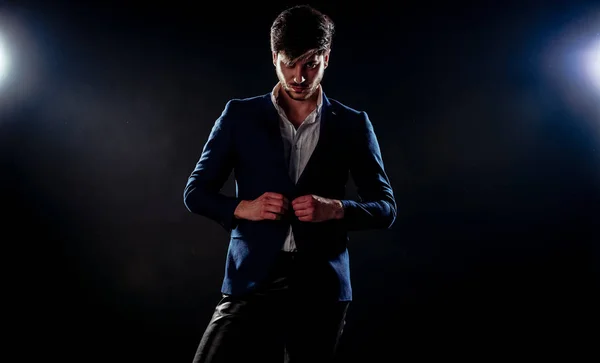 Confident Stylish Man Posing Black Pants Blue Suit Studio — Stok fotoğraf