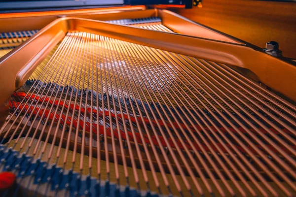 Interior Black Piano All Its Details Hammers Strings Keys Golden — Stock Photo, Image