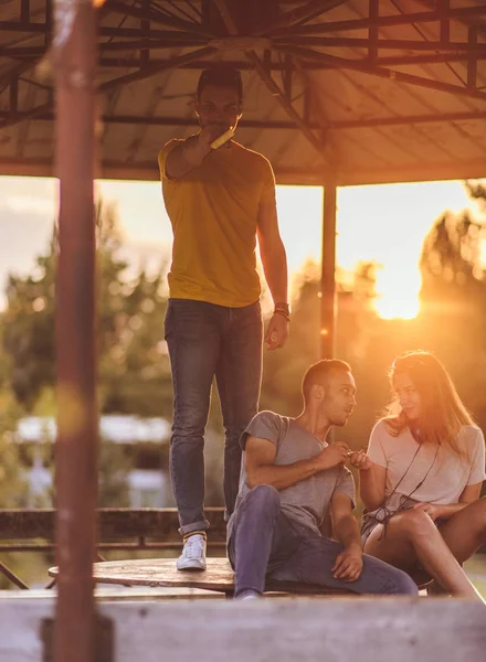 Raggruppamento Amici Felici Godendo Nella Natura Nel Parco Della Città — Foto Stock