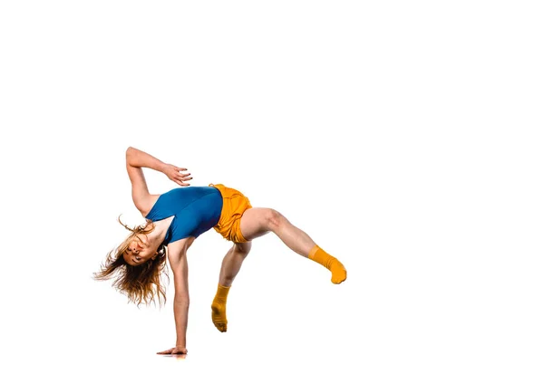 Menina Moderna Está Fazendo Dança Moderna Fundo Branco Fazer Handstand — Fotografia de Stock