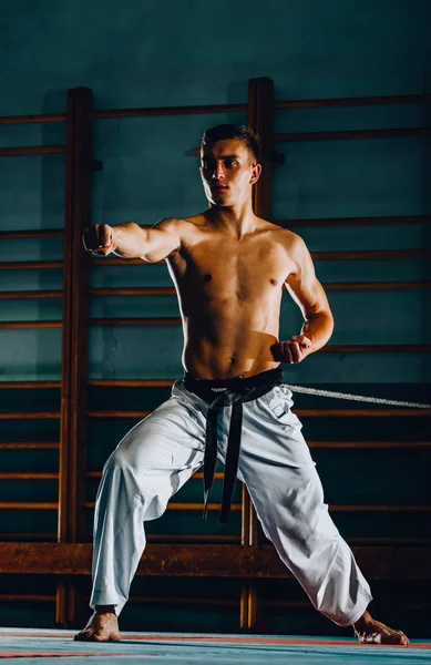 Atleta Con Cinturón Negro Karategi Realiza Ejercicio Formal Karate — Foto de Stock