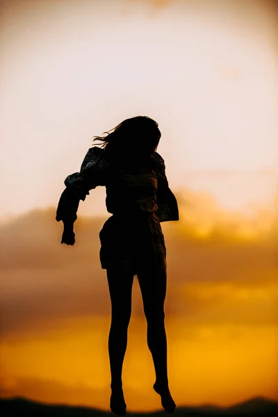 Happy Beautiful Free Woman Dancing Sunset Jumping Playful Having Fun — Stock Photo, Image