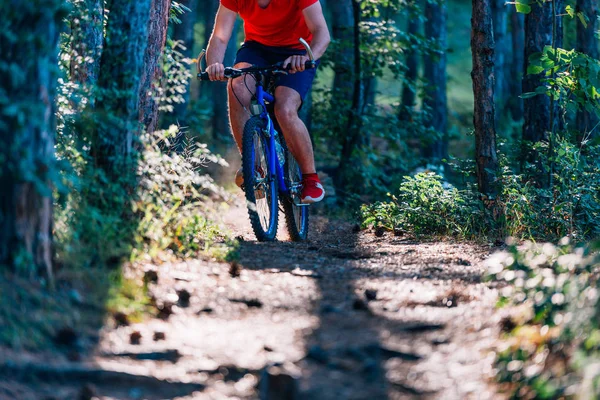 Muž na horském kole jezdí na stezce lesem, zatímco — Stock fotografie