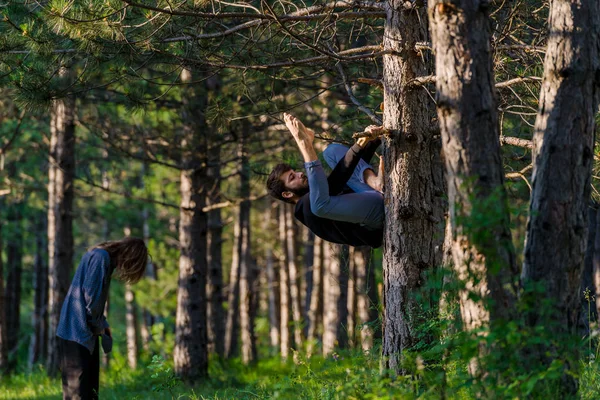 Dva Pople Lezení Strom Zeleném Lese Baví — Stock fotografie