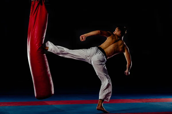 Dövüş Sanatları Dövüşçülerinin Spor Salonunda Kum Torbasıyla Yaptıkları Dövüş — Stok fotoğraf