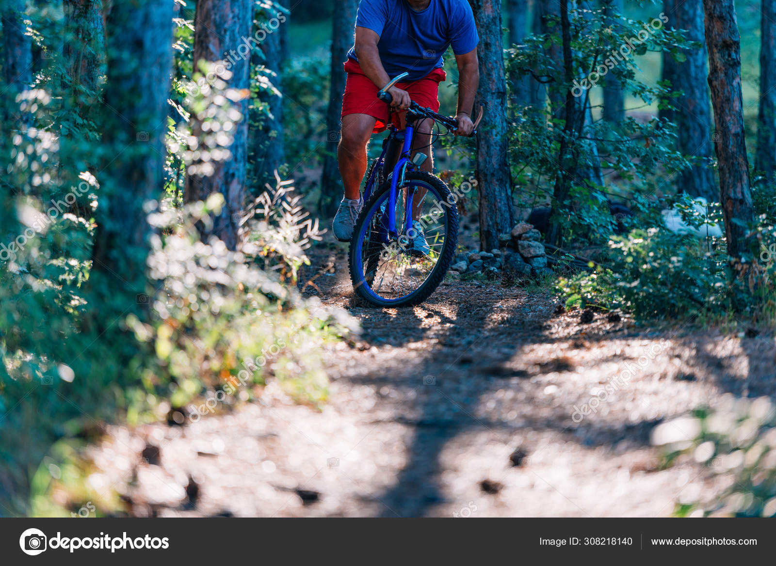 Older overweight man rides a mountain bike through the woods usi ⬇