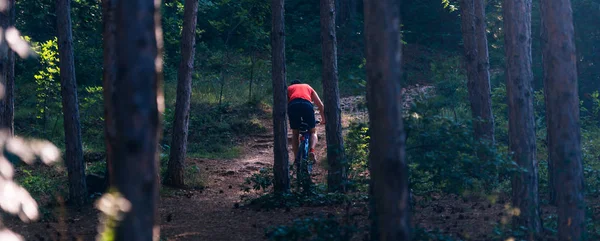 Fit fietser rijden zijn fiets bergafwaarts door een bos (bossen ) — Stockfoto