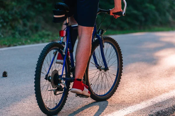 Велосипедист, катающийся на велосипеде по лесу на закате солнца — стоковое фото