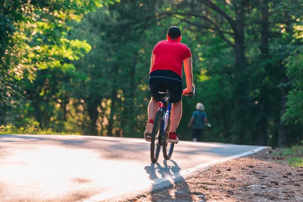 Cyklista Jízda na kole lesem při západu slunce — Stock fotografie