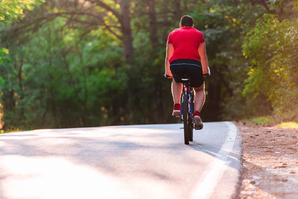 骑自行车的男子在日落时分骑自行车在一条穿越深谷的路上 — 图库照片