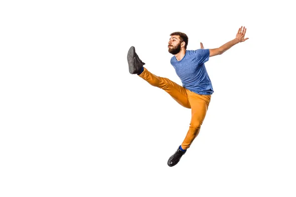 Caucasiano jovem dança, full length retrato isolado — Fotografia de Stock