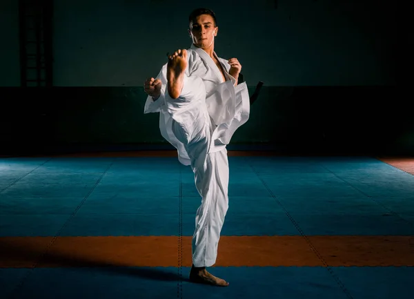 Luchador de karate profesional pateando. Aislado sobre un fondo blanco — Foto de Stock