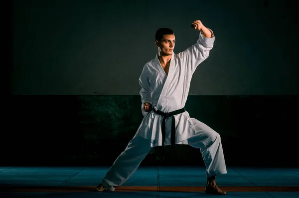 Malý černý stíhací letoun cvičný karate v tělocvičně — Stock fotografie