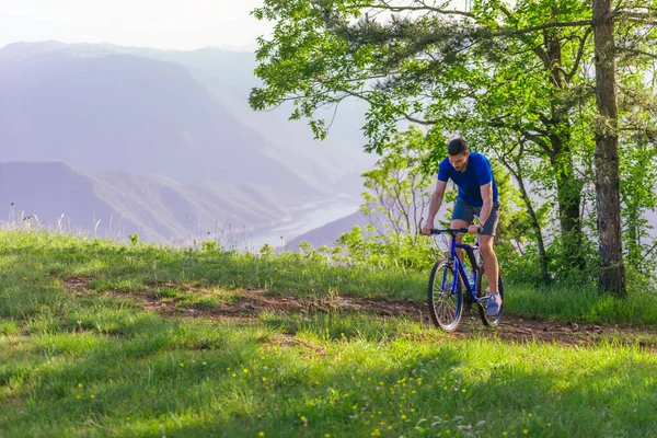 冒险的山地自行车手骑着自行车在树林中疾驰而过 — 图库照片