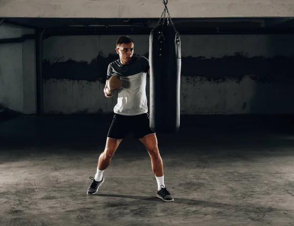 Bonito Homem Musculoso Luvas Boxe Está Praticando Com Saco Perfuração — Fotografia de Stock