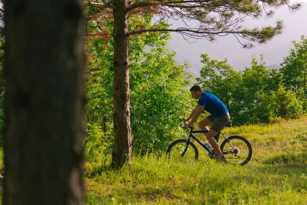 Adventurous mountain biker riding his bike fast through the wood — Stock Photo, Image