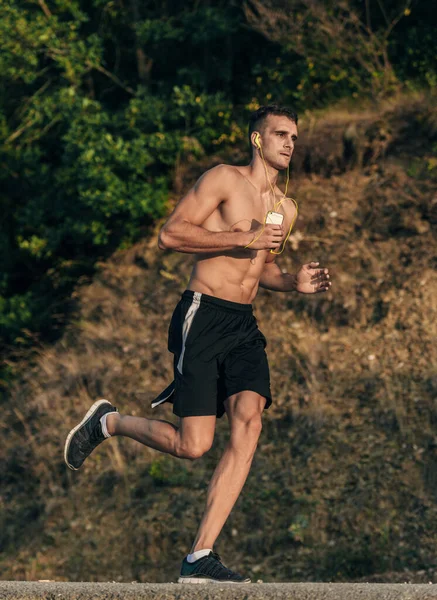 美しい風景の中で外のマラソンのためのイヤフォントレーニングと男性フィットスポーツフィットネスモデル — ストック写真
