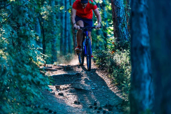 남자가 산악자전거를 타고 숲을 지나는 동안 — 스톡 사진